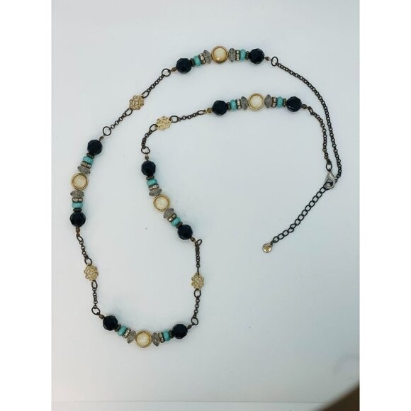 Boho Chic Beaded Necklace Black & Turquoise Whimsy Unique - Picture 2 of 4